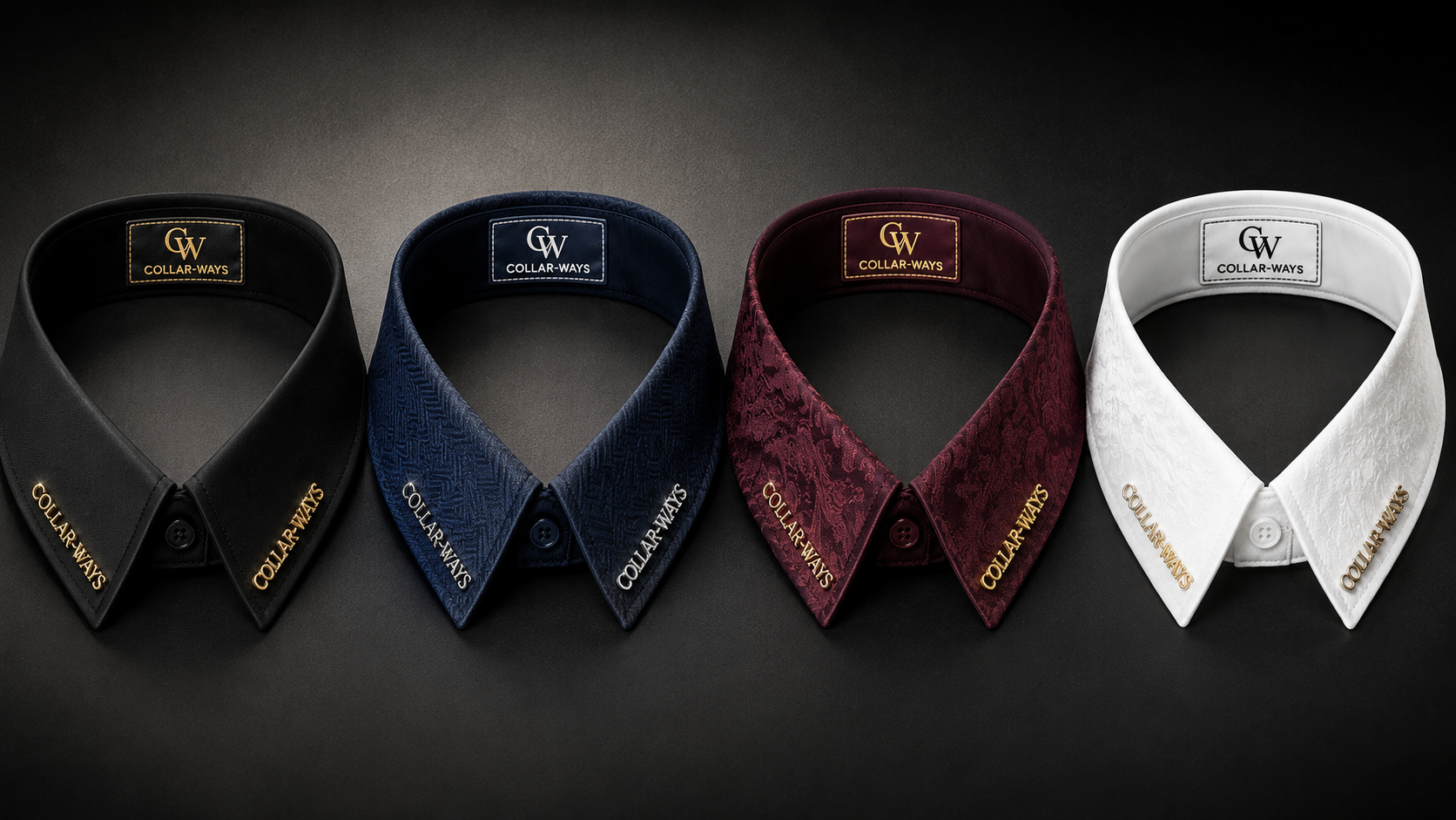 Collar-Ways step-by-step guide: start with your shirt, open and position the collar, wrap and align, secure it, and see the transformed look, plus back views and available white, black, wine, and royal blue collars