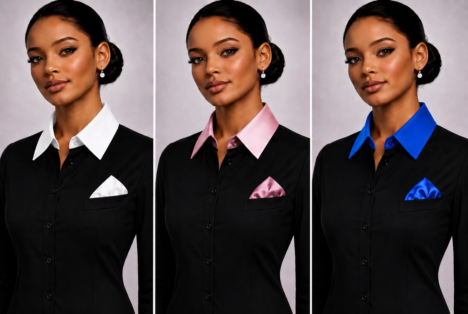 Three Collar-Ways looks on a black shirt: white collar with white pocket square, pink collar with pink pocket square, and blue collar with blue pocket square